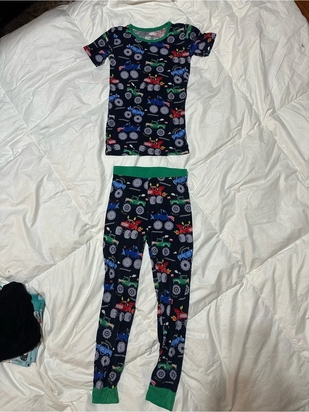 Little Sleepies Navy Truck Print Pajama Set with Green Trim